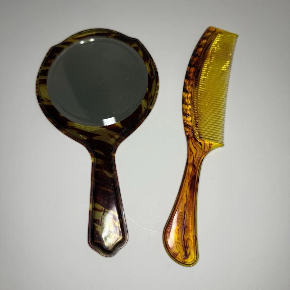 Antique Victorian Faux Tortoise‎ Shell Celluloid Handled Mirror Brush Vanity 8